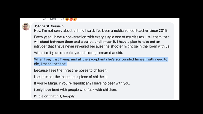 JoAnna St. Germain is demanding violent action against President Donald Trump and his supporters. (Credit: https://www.facebook.com/joanna.s.germain/posts/pfbid02qLyc266ekYfELBF6xqD8iviRqW1EndBL63ghRrE6ijsnudSKaRCd7t1FL2QMLkXol?__cft__[0]=AZVhs1KbhwJgujGQburph3s9N8S0nl3gGyvCe3XiDldg-Rr8tzUhIadsCgY1ro-nWGFKhCeukmlt9Qj1_wm_67UPNgBsxGa5KIG3b7cOIDgztdHbHVgNt05A8OFd7W3sciI&__tn__=%2CO%2CP-R)